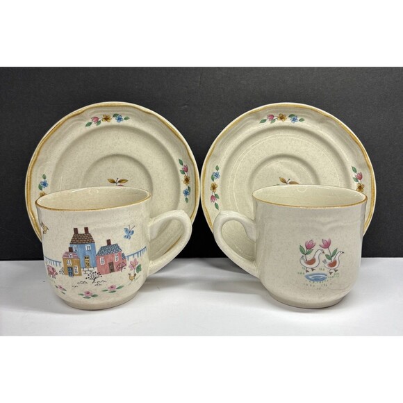 VTG International Stoneware Heartland X2 Coffee Cup Saucer Set Country Farmhouse - Picture 1 of 10